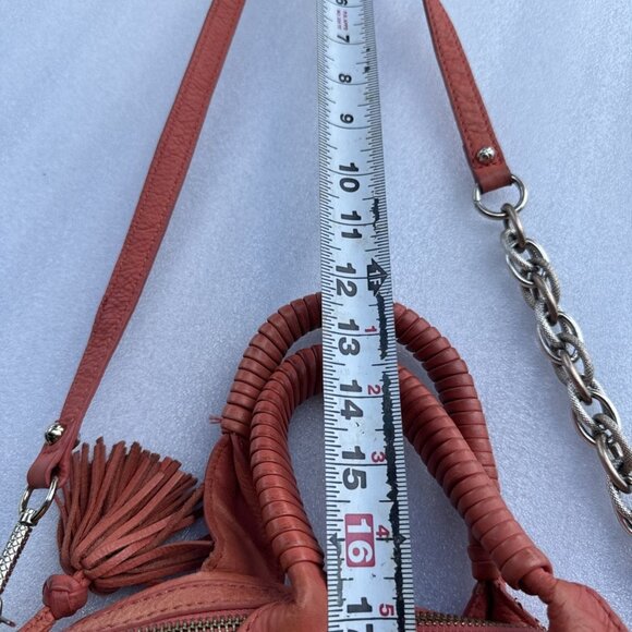 Elliott Lucca Studded Coral Leather Satchel With Chain Strap - Picture 13 of 13